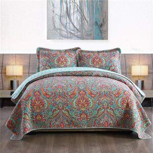 Cotton Bedspread Quilt Sets-Reversible Patchwork Coverlet Set, European